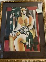 Full view of framed painting showing abstract nude seated figure