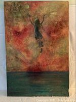 Full view of the painting showing the girl reaching upward against the sea and sky