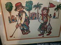 Full front view of framed golf print artwork showing man golfing and woman holding flag on a green field with trees and spectators.