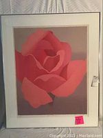 Full view of framed serigraph print featuring a red rose titled "Belle Rouge"
