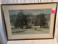 Framed serigraph print titled 'March Thaw' by Robert Burkert featuring a winter landscape with trees and a figure in a snowy scene.