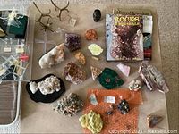 Top-down view of assorted mineral specimens arranged with book and stands