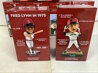 Original boxed Fred Lynn 1975 Boston Red Sox bobblehead with stats and achievements on packaging