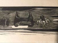 Close-up of block print showing hooded figures, castle, and men on horseback in black and white.