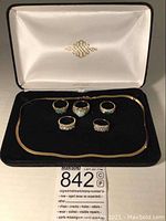 Entire lot displayed in velvet jewelry box showing chain and five rings