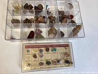 Top-down photo of the clear compartment box containing multiple assorted natural stones and gemstones arranged individually.