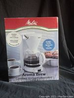 Front view of the Melitta Aroma Brew coffee maker box showing the coffee maker image and product features.