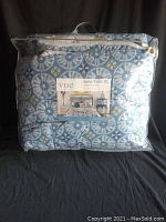 Photo of new Ellery Vue twin XL comforter set in packaging showing blue floral design.