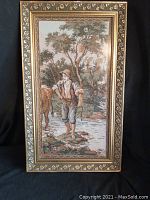 Full view of framed tapestry showing entire scene and frame details