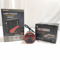 Three boxed items: Imazing Jump Starter 8000mAh, HD Car Camera, Buywhat 150W Power Inverter with USB ports and AC outlet