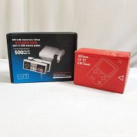 Box showing Mini Game Anniversary Edition console with 500 built-in classic games and image of console and controller on front.