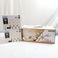 Boxed Bonlicht 10-light Sputnik chandelier and two boxed packs of Lvwit LED light bulbs (6 bulbs each), arranged on a white surface