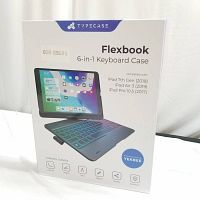 Front of box showing Typecase Flexbook 6-in-1 Keyboard Case compatible with iPad 7th Gen, iPad Air 3, and iPad Pro 10.5 inch, with product image and features.