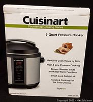 Front side of the original box showing the Cuisinart 6-Quart Pressure Cooker with key feature highlights including reduced cook times by 70%, multiple cooking functions, and smart-lock safety lid.