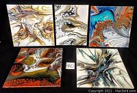 Five abstract fluid art paintings on black background, four square 14x14 and one rectangular 14x11.