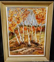 Frontal photo of the framed acrylic painting showing a group of birch trees with orange and yellow leaves in a fall setting.
