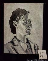 Full view of monochromatic oil painting showing woman's profile facing right in grayscale, with beret and jacket.