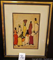 Framed ink on cloth artwork showing stylized figures with baskets in warm tones