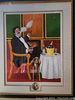 Full view of the framed artwork showing man in tuxedo, dog, and table setup.