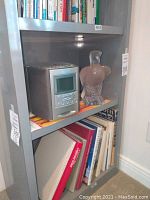 Wide shot of shelf showing both the Sony Dream Machine and Lalique crystal eagle alongside books