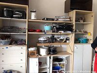 Wide view of shelves holding various small kitchen appliances and accessories, including slow cookers, griddle, cupcake makers, and storage bins.