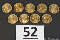 Top view of all nine coins, five Sacagawea 2000 dollars in the top row and four Presidential 2007 dollars in the bottom row