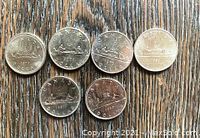 Reverse view of six Canadian Voyageur dollar coins showing the Voyageur canoe design and years 1977-1982.