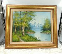 Full view of the framed landscape oil painting showing birch trees, water, and mountains.
