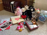 Wide view of all items including music boxes, stuffed animals, rubber ducks, cards, and books scattered on carpet with bookshelf in background.