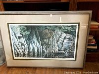 Framed large limited edition Marc Barrie print showing the nature scene with rocks, water, trees, and a loon bird, with light reflections and frame details.