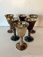 Front view of six silverplate goblets showing their shape, size, and tarnish patina.