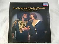 Front cover of Joan Sutherland & Luciano Pavarotti vinyl LP, shows album artwork with two singers in operatic costume and Decca label.
