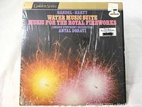 Front album cover of the Handel-Harty Water Music Suite and Music for the Royal Fireworks showing colorful fireworks and text.