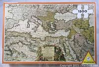 Image of completed historic map puzzle showing Mediterranean region with 1500 piece count indicated.