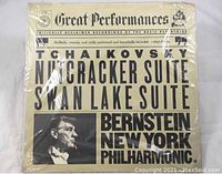 Front cover of sealed vinyl album showing Tchaikovsky Nutcracker Suite and Swan Lake Suite with conductor Leonard Bernstein