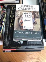 Photo of stack of coffee table books including 'Thou Art That' by Joseph Campbell and other large hardcovers.