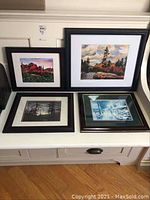 Overview of the 4 framed prints arranged on a white dresser, showing frames with various artworks including nature and landscapes. One print exhibits sun fading and some mats are slipping.