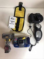 Full view of all items including underwater camera, flash, compass, and carrying case.