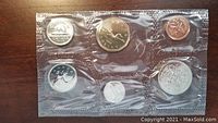 Photo showing the six Canadian coins sealed in plastic packaging, obverse sides.