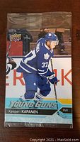 Front sealed view of Upper Deck Kasperi Kapanen Young Guns Rookie card pack showing player image in Toronto Maple Leafs uniform.