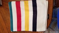 Folded fleece throw on wooden table showing multistripe pattern.