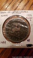 Obverse side of the 1852 Bank of Upper Canada one penny coin showing a mounted knight and clear date with 'Bank of Upper Canada' text.