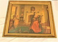 Full view of the large framed antique painting showing a woman playing a stringed instrument in a room with detailed furnishings and a fireplace.