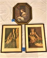 Three framed prints showing three women in vintage or historical attire, two rectangular and one octagonal frame, all wood frames with glass.