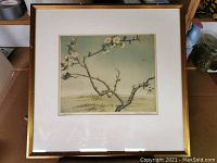 Full view of framed etching showing mat and frame