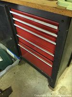 Front view of metal tool chest showing red drawer fronts and wooden top