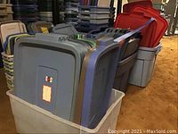 Multiple images showing stacks of plastic storage totes with matching lids in various colors and sizes.