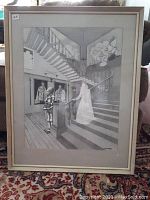 Frontal view of framed grayscale artwork showing ghost on stairs with armored knights and painters in background.