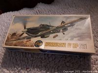 Top view of the box showing artwork of the Hawker Hurricane IV RP model airplane in action, with Airfix logo and designation 1:72 RP72.