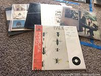 Top view of five vinyl records laid out on carpet, protective covers visible